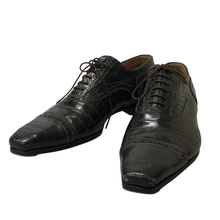 サントーニ レザー クロコダイル 型押し パンチドキャップトゥ ストレートチップ メンズ サイズ8.5 ブラック Santoni 約27.5cm【PTM2】