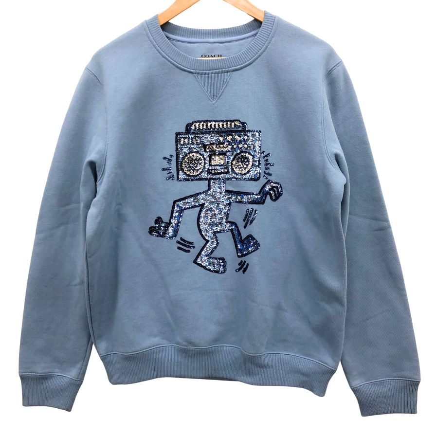 中古◆コーチ キース へリング コラボ トレーナー スウェット ダンシングロボット スパンコール レディース サイズL ブルー COACH Keith Haring 【AFB44】
