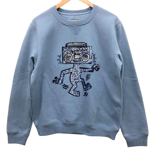 中古◆コーチ キース へリング コラボ トレーナー スウェット ダンシングロボット スパンコール レディース サイズL ブルー COACH Keith Haring 【AFB44】