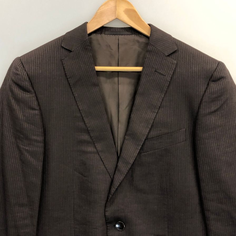 美品◆エルメネジルド ゼニア テーラードジャケット  ストライプ シルク リネン ブラウン メンズ サイズ48R ErmenegildoZegna 【AFB30】