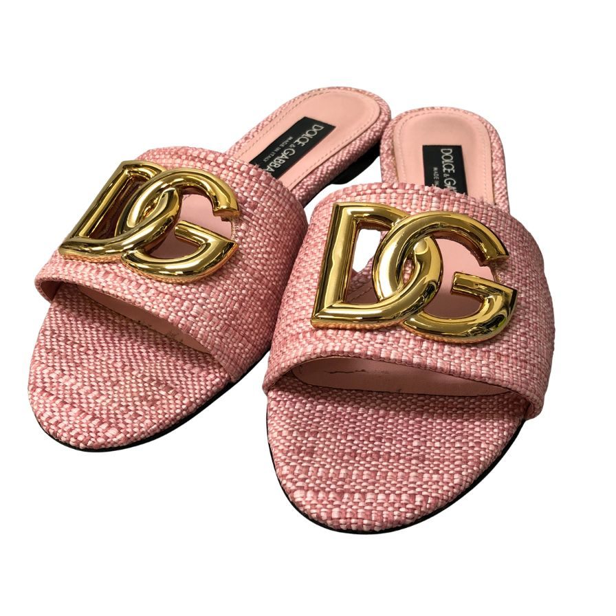 ドルチェ＆ガッバーナ スライドサンダル ラフィア ゴールド金具 ピンク サイズ39 レディース DOLCE＆GABBANA 約25.5cm【AFD12】