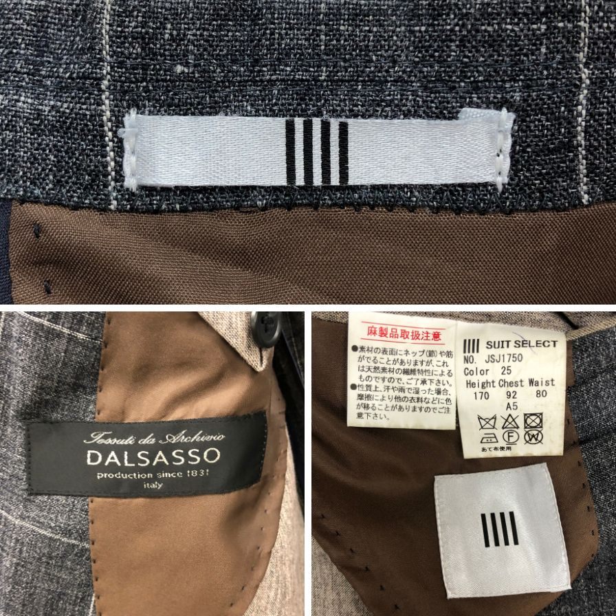 中古◆スーツセレクト リネン テーラードジャケット JSJ1750 グレー サイズA5 メンズ チェック SUIT SELECT DALSASSO 【AFB33】