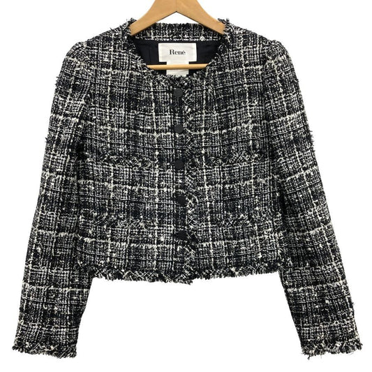 美品◆ルネ ティシュー ノーカラー ツイードジャケット 6343050 38サイズ ブラック系 6343050 Rene Tissue 【AFB42】