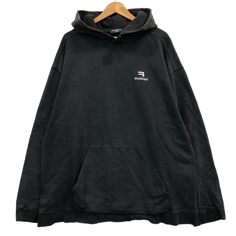 美品◆バレンシアガ プルオーバー パーカー  600583 21AW フロントロゴ ブラック サイズ XXL BALENCIAGA 【AFB28】