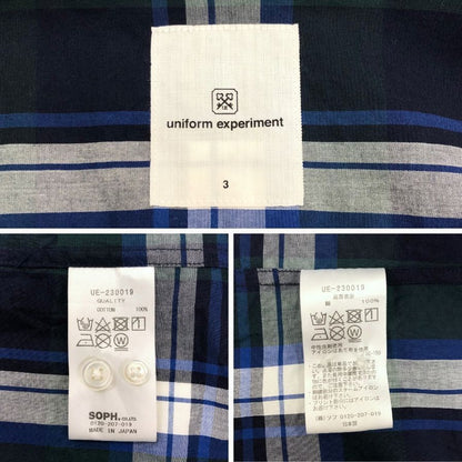 美品◆ユニフォームエクペリメント チェック 長袖シャツ 23SS UE-230019 メンズ サイズ3 ブルー Uniform Experiment 【AFB39】