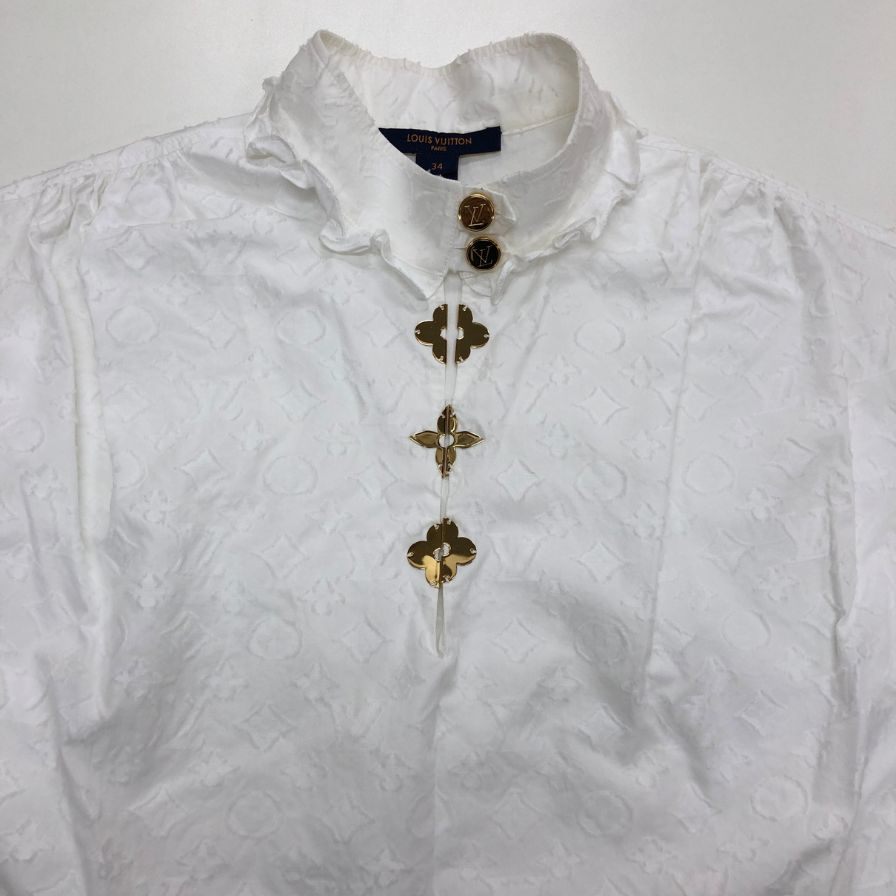 極美品◆ルイヴィトン 19AW モノグラムフリル ノースリーブシャツ ホワイト サイズ34 RW192W LOUIS VUITTON 【AFB36】