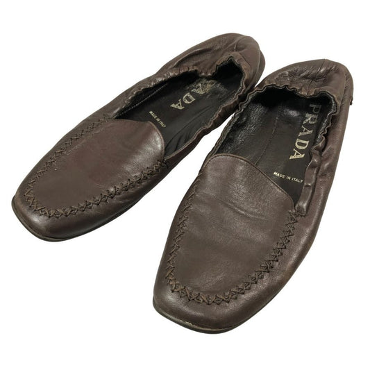 プラダ バレエシューズ レザー モカシン ブラウン レディース サイズ37 PRADA 約24.0cm【AFC49】
