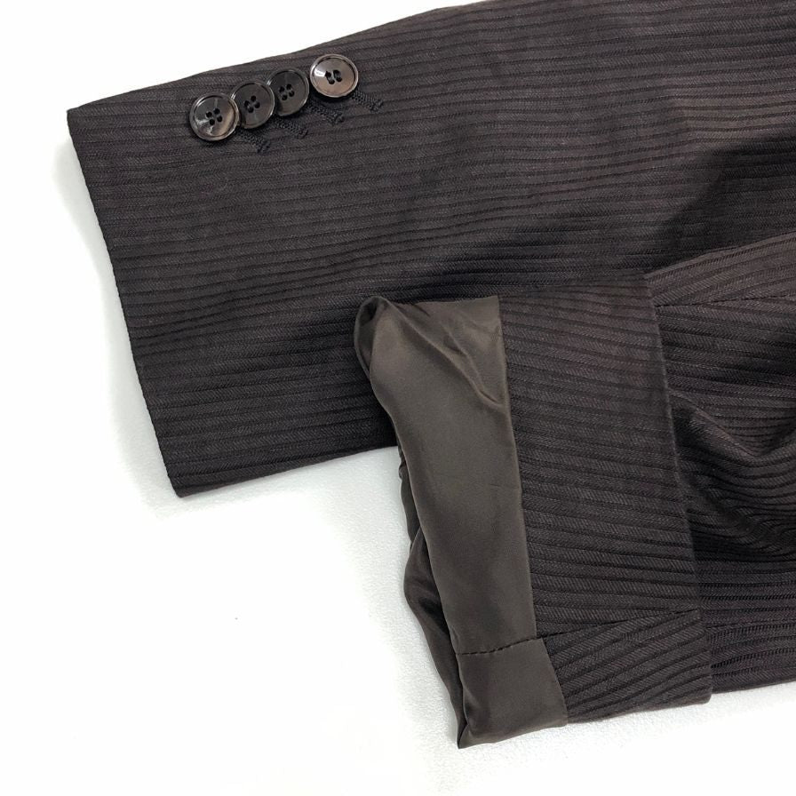 美品◆エルメネジルド ゼニア テーラードジャケット  ストライプ シルク リネン ブラウン メンズ サイズ48R ErmenegildoZegna 【AFB30】