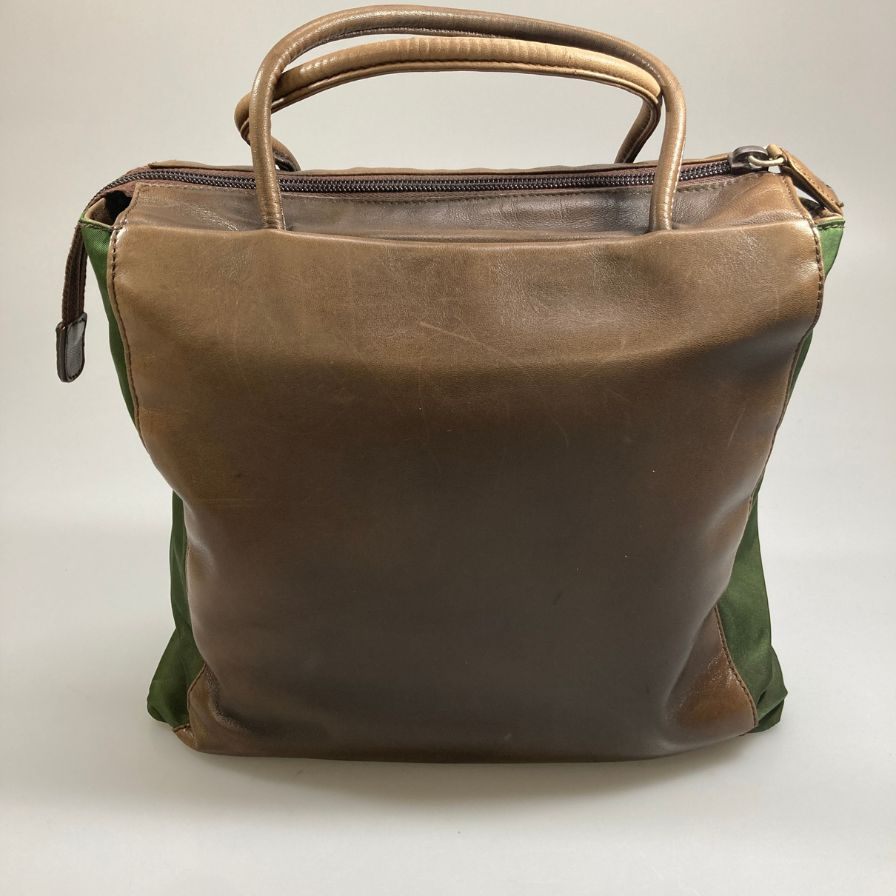 プラダ B6147 フラワーモチーフ トートバッグ レザー×ナイロン コンビ ブラウン×カーキ PRADA【AFE1】