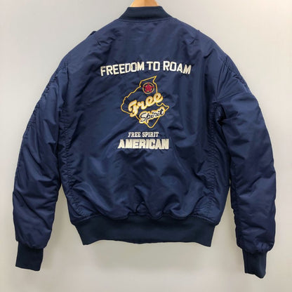 美品◆ノーブランド MA-1 中綿 フライト ジャケット ボンバー キルティング 刺繍 ロゴ ネイビー メンズ サイズL FASHION SPORTS FREEDOM ROAM 【AFA11】