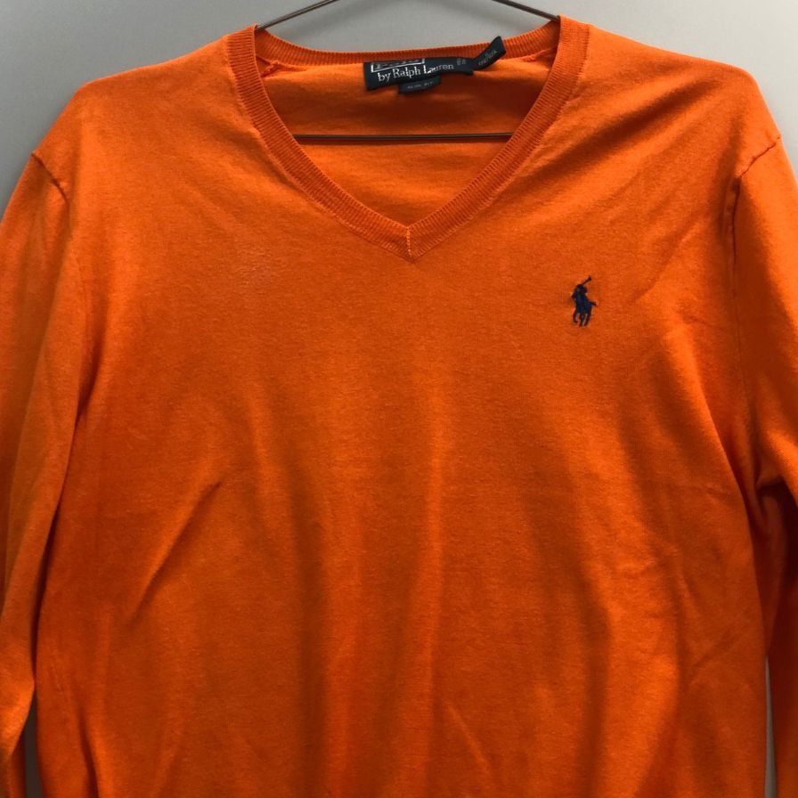 中古◆ポロ ラルフローレン Vネックニット コットン100% スリムフィット メンズ サイズS オレンジ POLO RALPH LAUREN 【AFB37】