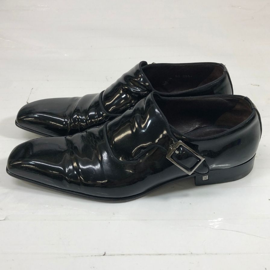 ルイヴィトン レザーシューズ シングルモンク ガラスレザー 0054 チゼルトゥ ブラック メンズ サイズUK6.5 LOUIS VUITTON 約25.5cm【AFC33】