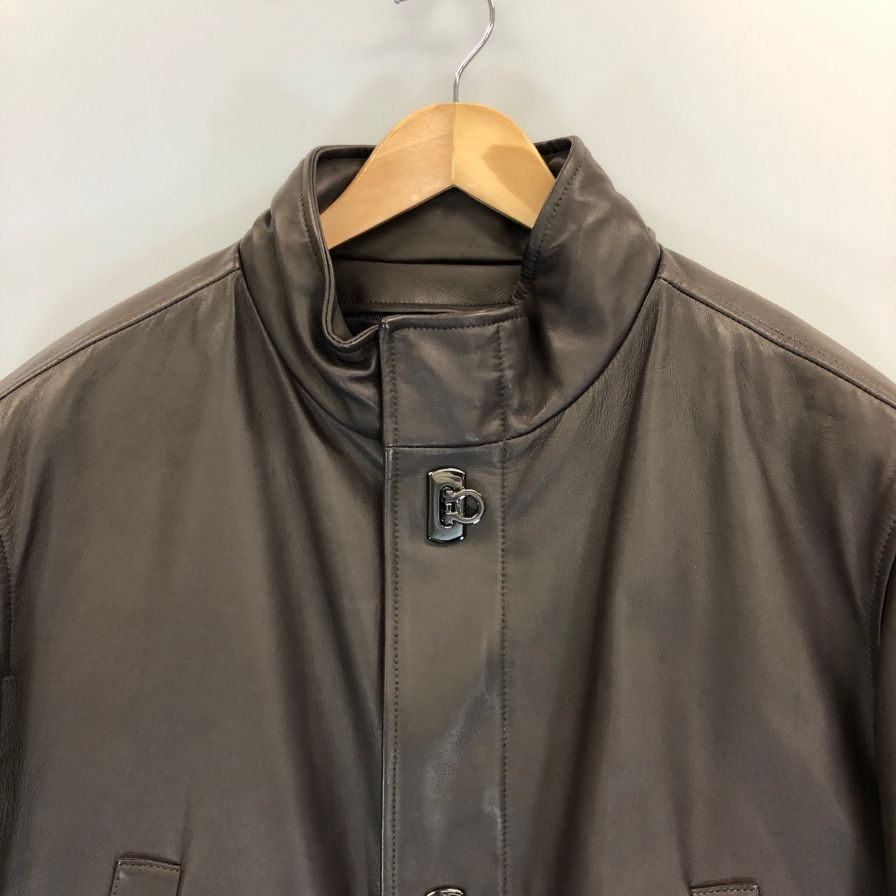 極美品◆サルヴァトーレ フェラガモ ラムレザーコート ガンチーニボタン レディース サイズ54 ブラウン  Salvatore Ferragamo 【AFG1】