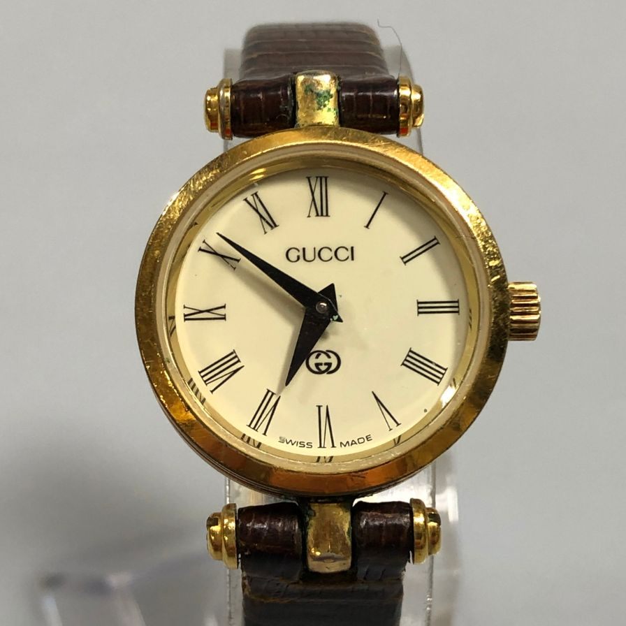グッチ クオーツ 腕時計  2針  ゴールド文字盤  レザーベルト ユニセックス ワインレッド GUCCI