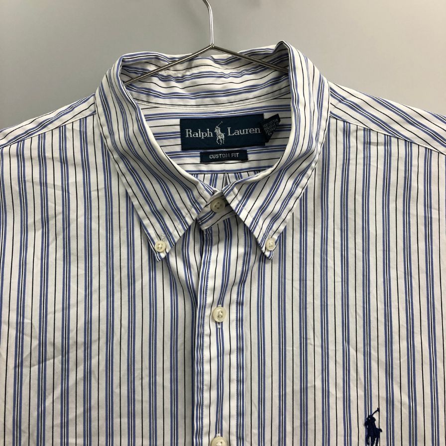 美品◆ポロ ラルフローレン ボタンダウンシャツ 90S オールド ストライプ ブルー系 メンズ サイズXL Polo Ralph Lauren 【AFB43】