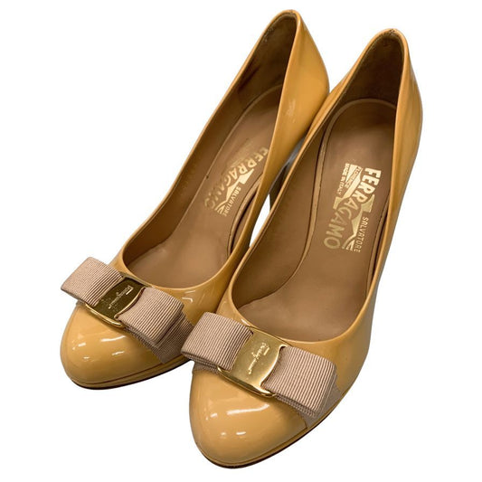 サルヴァトーレ フェラガモ パンプス ヒール ヴァラリボン エナメル レディース サイズ6.5 イエロー系 Salvatore Ferragamo 約25.0cm【AFD3】