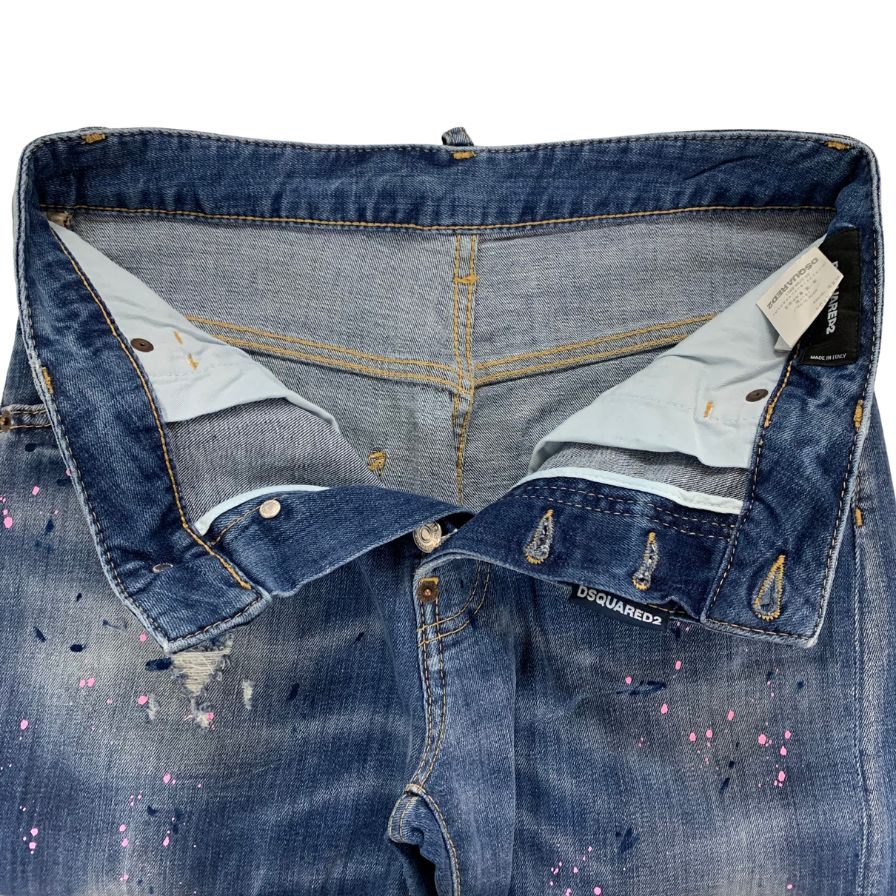 ディースクエアード デニムパンツ kenny jean S75LA0615 ロゴ金具 ペイント加工 クラッシュ加工 コットン ポリウレタン ブルー系 レディース サイズ40 DSQUARED2 【AFB41】