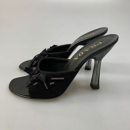 プラダ ミュール サンダル ビーズあしらい クリアヒール レディース サイズ37.5 ブラック PRADA 約24.5cm【AFC41】