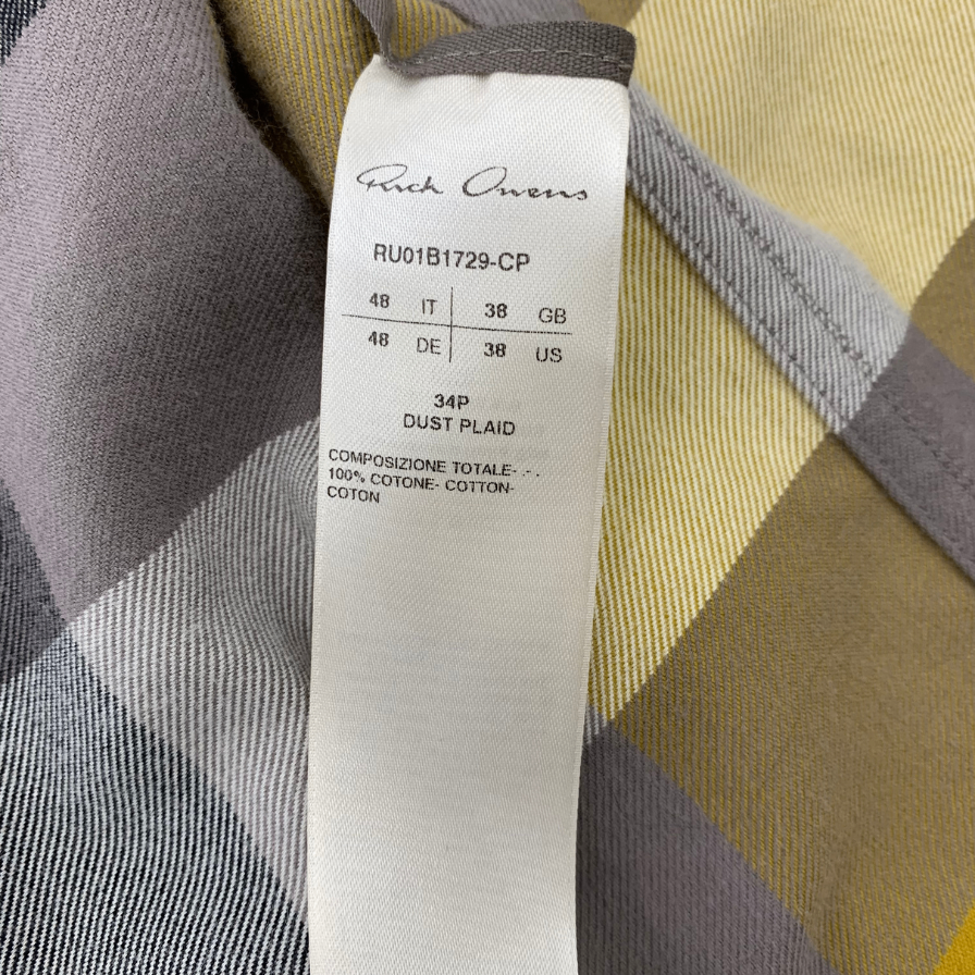 Good Condition ◆ Rick Owens Long Sleeve Shirt RU01B1729-CP Check Outer Yellow x Gray Size 48 Rick Owens Men's [AFB39] 