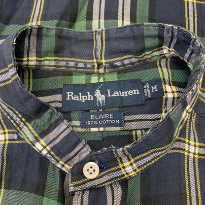 美品◆ラルフローレン バンドカラーシャツ 90S オールド タータンチェック ネイビー系 メンズ サイズM Ralph Lauren 【AFB4】