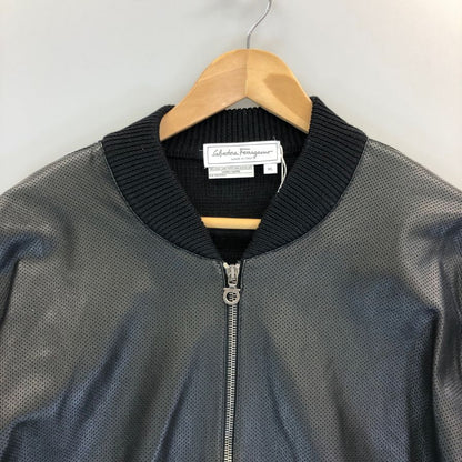 極美品◆サルヴァトーレ フェラガモ レザー×ニット 切替 ブルゾン パンチングレザー サイズXL ブラック Salvatore Ferragamo 【AFB34】