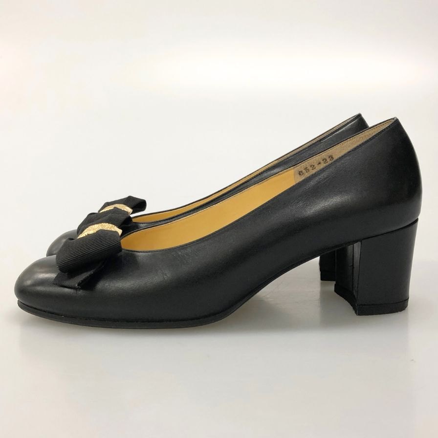 銀座かねまつ パンプス ヒール レザー リボン デザイン ブラック ゴールド レディース サイズ23 Ginza Kanematsu 約23.0cm【AFC45】