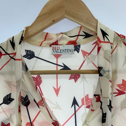 美品◆レッド ヴァレンティノ ブラウス ボウタイ 総柄 長袖 シルク カットソー ベージュ系 レディース サイズ40 RED VALENTINO 【AFB16】