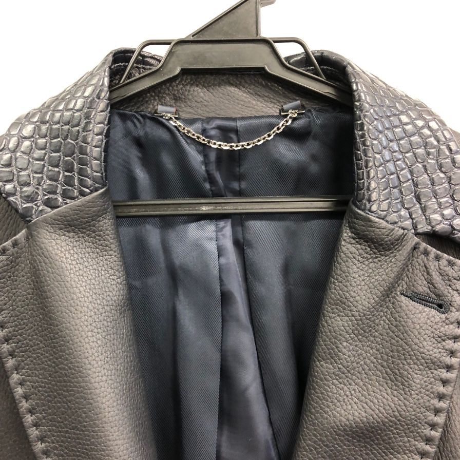 美品◆ブリオーニ ディアスキン クロコパッチ コンビ レザー ジャケット ブラック メンズ サイズ50 BRIONI 【AFA17】