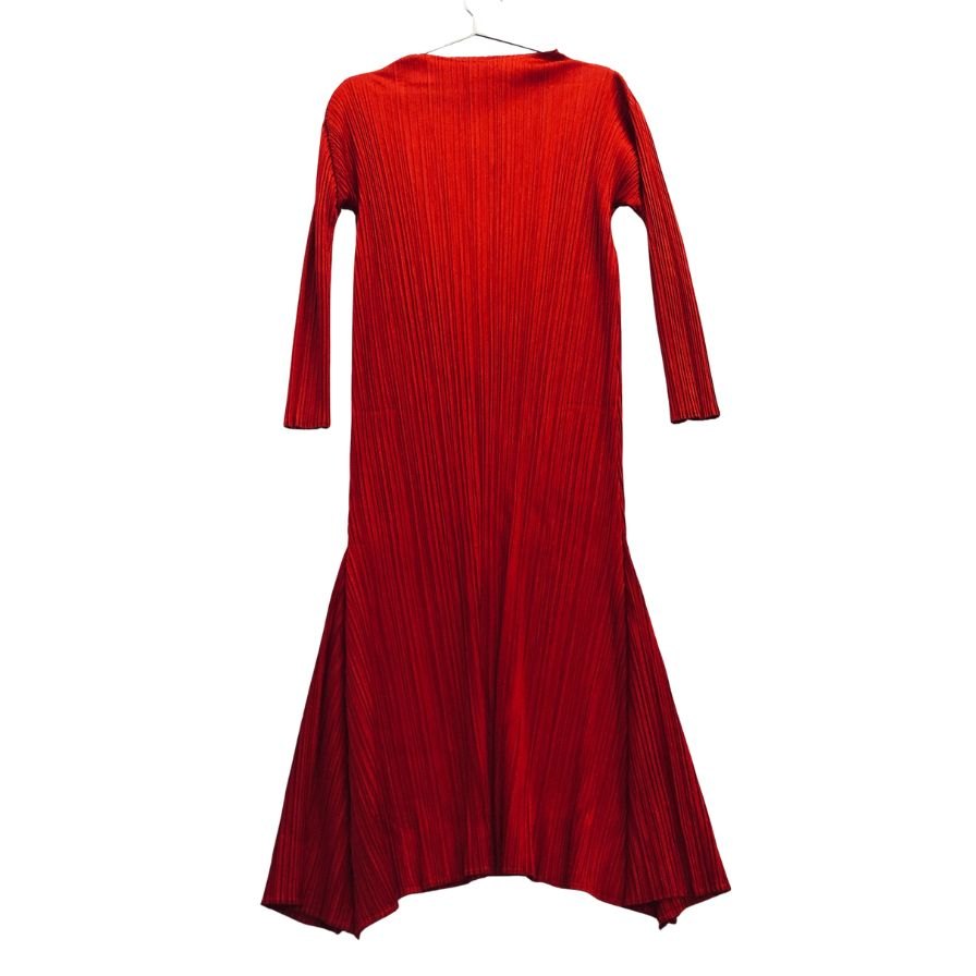 美品◆プリーツプリーズ イッセイミヤケ ロング 長袖 ワンピース PP53JH514 レッド サイズ3 レディース PLEATS PLEASE 【AFB3】