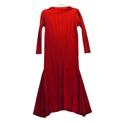 美品◆プリーツプリーズ イッセイミヤケ ロング 長袖 ワンピース PP53JH514 レッド サイズ3 レディース PLEATS PLEASE 【AFB3】