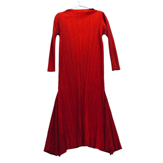 美品◆プリーツプリーズ イッセイミヤケ ロング 長袖 ワンピース PP53JH514 レッド サイズ3 レディース PLEATS PLEASE 【AFB3】