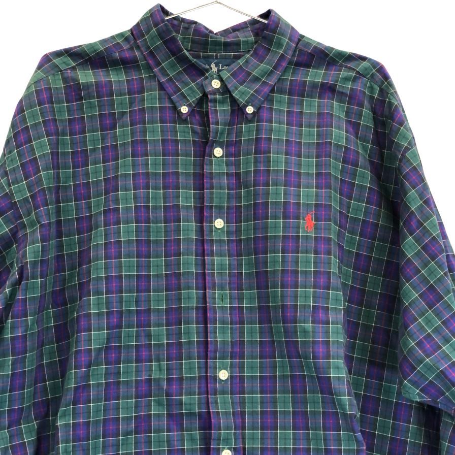 美品◆ポロラルフローレン 90S ボタンダウンシャツ タータンチェック ネイビー系 メンズ サイズXL Polo Ralph Lauren 【AFB35】