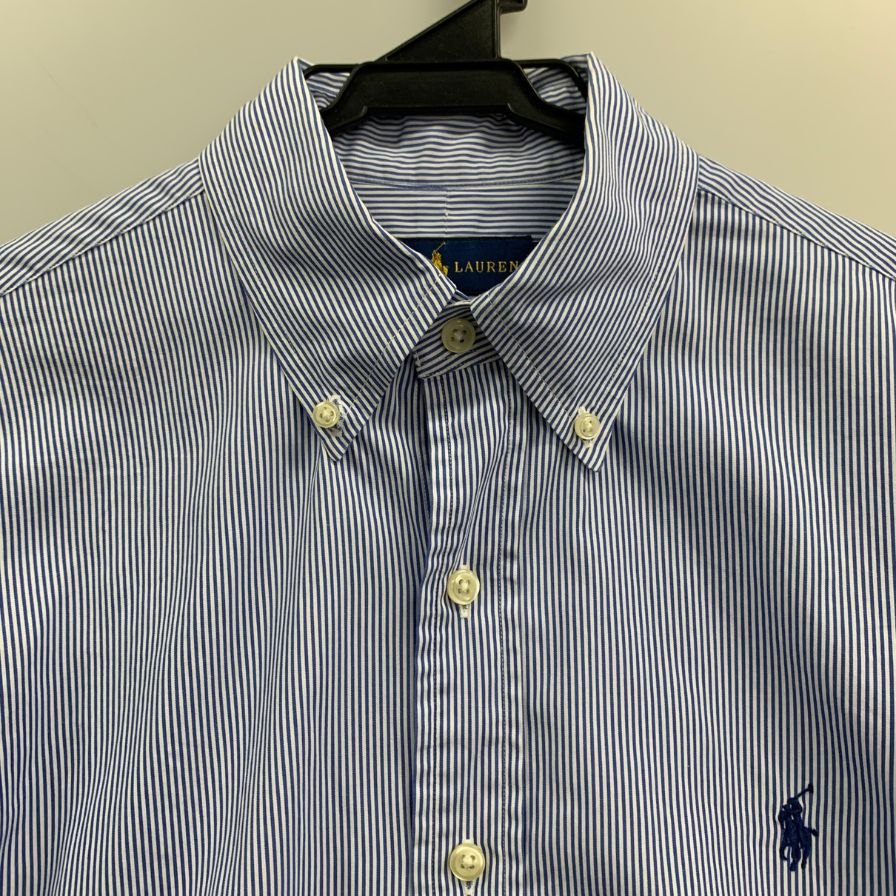 美品◆ラルフローレン シャツ ストライプ ロゴ刺繍 コットン ブルー系 メンズ サイズSP RALPH LAUREN 【AFB11】