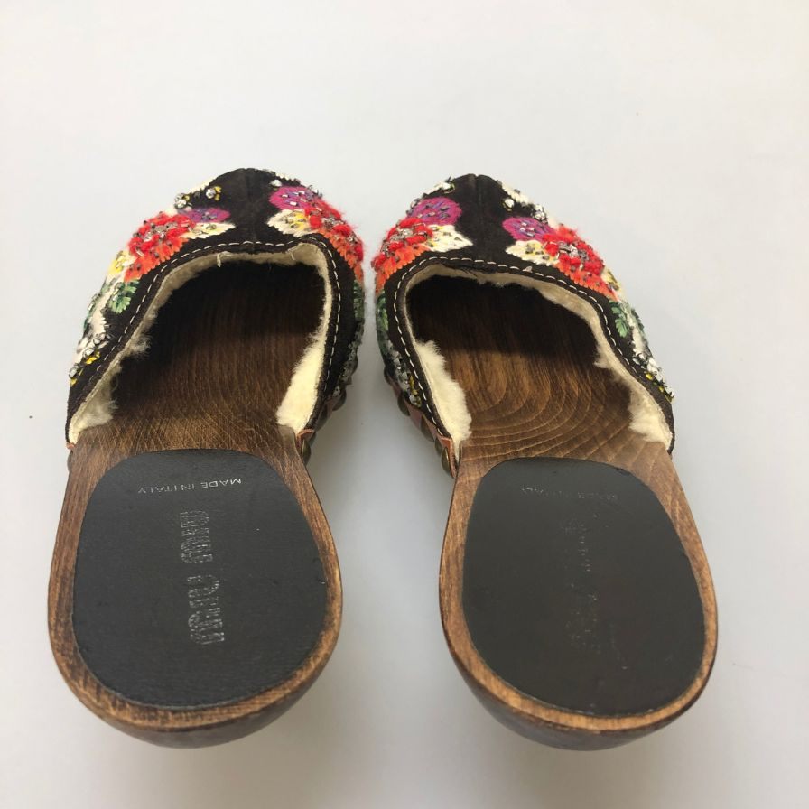 ミュウミュウ ミュール 花柄 刺繍×ラインストーン ベロア ボア付き ブラック サイズ37 レディース MIU MIU 約24.0cm【AFC1】