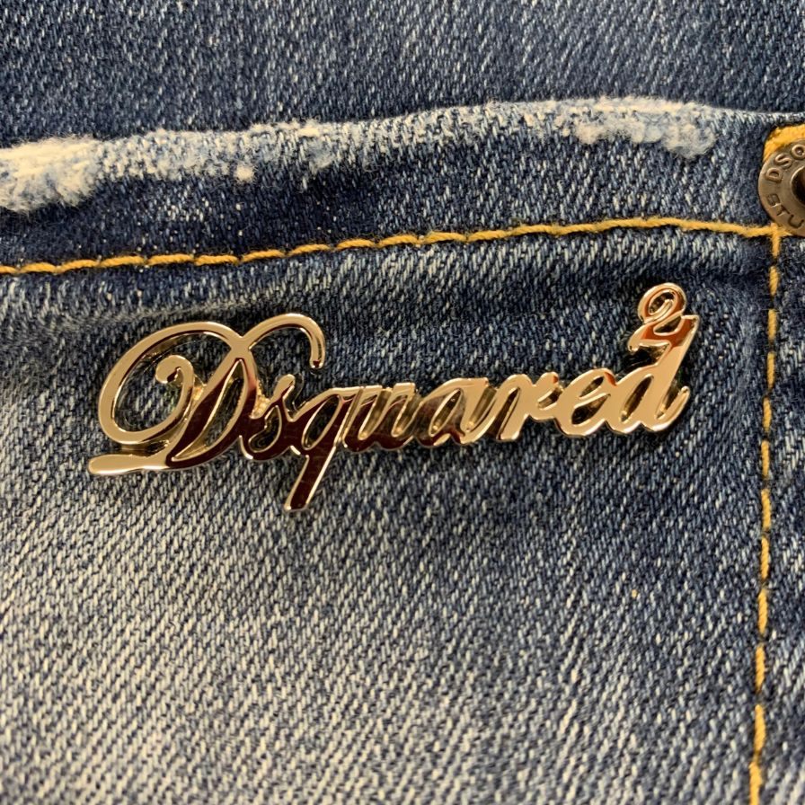 ディースクエアード デニムパンツ kenny jean S75LA0615 ロゴ金具 ペイント加工 クラッシュ加工 コットン ポリウレタン ブルー系 レディース サイズ40 DSQUARED2 【AFB41】