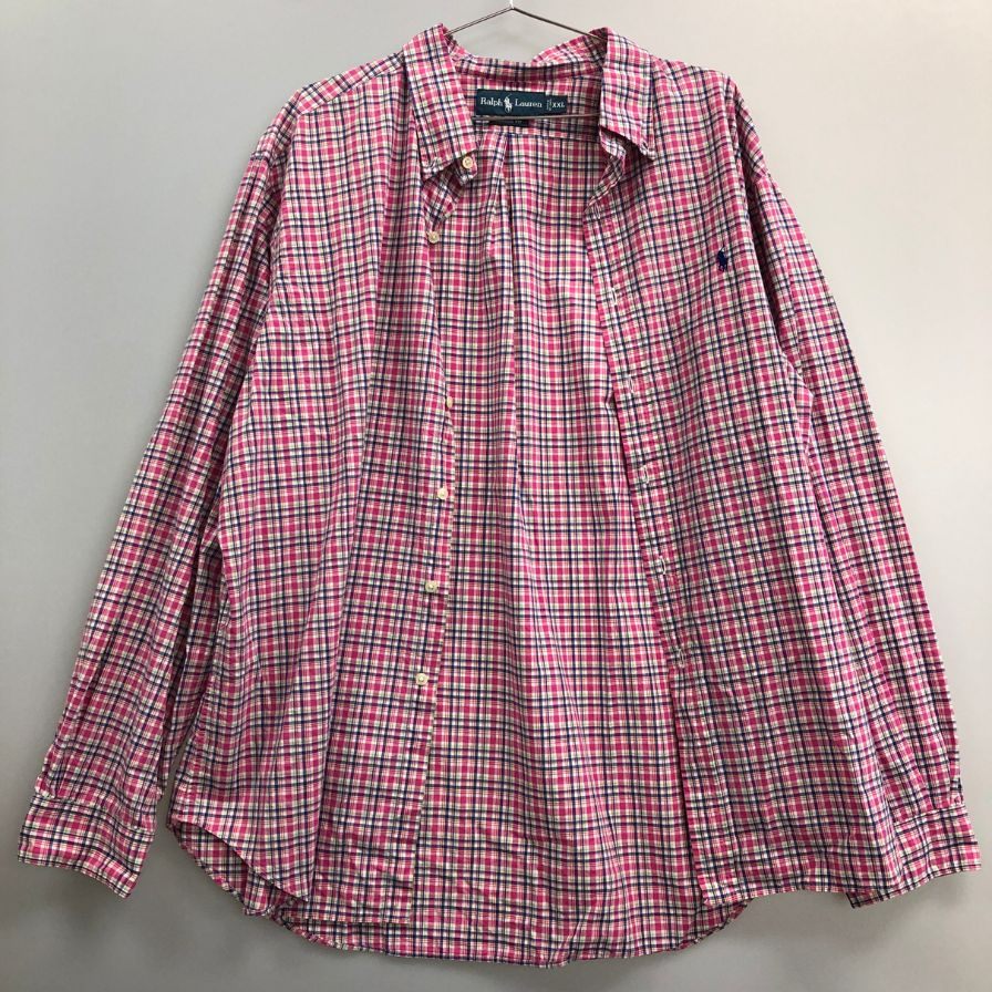 美品◆ラルフローレン ボタンダウンシャツ 90S オールド チェック ピンク系 メンズ サイズXXL Ralph Lauren 【AFB40】