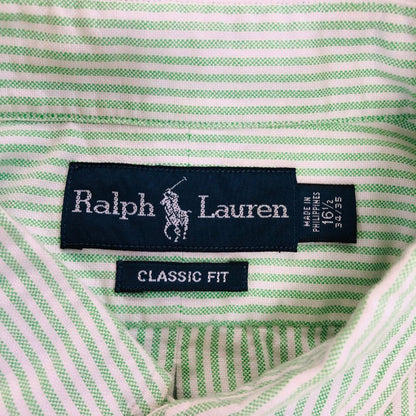美品◆ラルフローレン ボタンダウンシャツ 90S ストライプ グリーン メンズ サイズ16 1/2 Ralph Lauren 【AFB20】