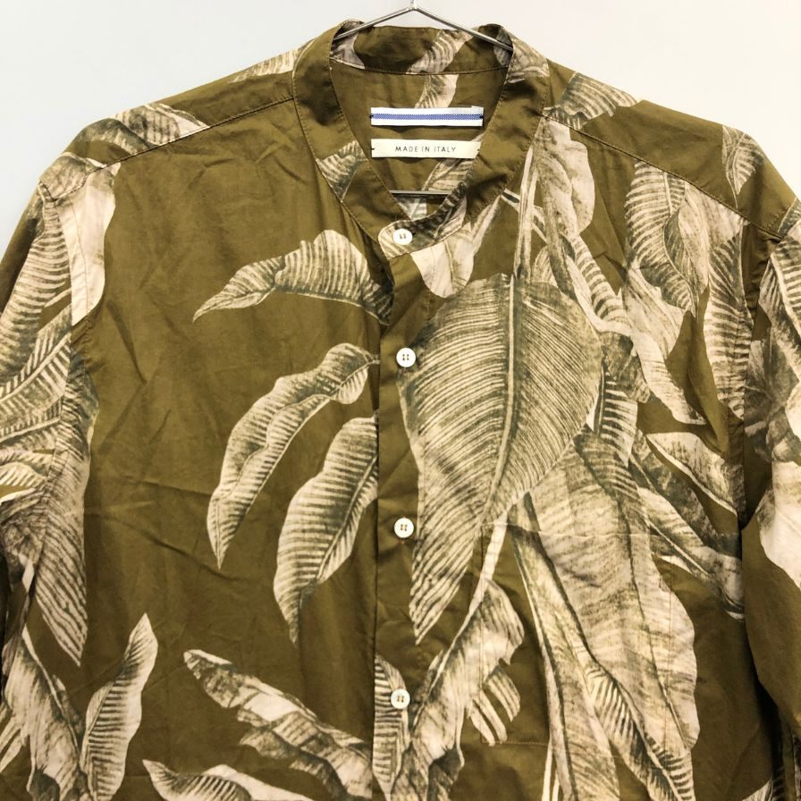 美品◆クリスタセヤ ボタニカル柄 長袖 ノーカラーシャツ ブラウン系 メンズ サイズL cristaseya 【AFB35】