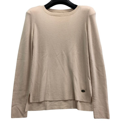 美品◆フォクシー ニット トップス ロゴプレート ウール100% 肩パット付 31781 レディース サイズ38 ベージュ FOXEY 【AFB5】