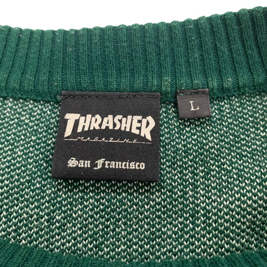 美品◆スラッシャー セーター ムラサキスポーツ別注 バックワードロゴ ビックシルエット グリーン メンズ サイズL THRASHER 【AFB36】