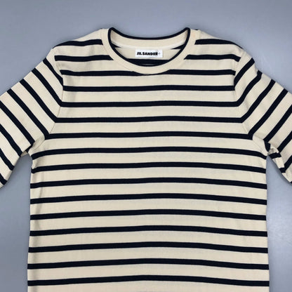 新品同様◆ジルサンダー+24SS  Tシャツ リブ コットン ジャージー ボーダー バックパッチ レディース サイズL ホワイト系 JIL SANDER+ 【AFB8】