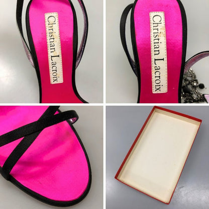クリスチャン ラクロワ パンプス ビーズストラップ レザー ヒール ブラック ピンク レディース サイズ38 Christian Lacroix 約24.5cm【AFD1】
