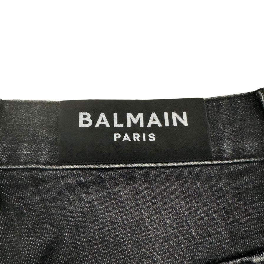 バルマン デニムパンツ バイカーデニム ボタンフライ 蛇腹 クラッシュ加工 ブラック系 メンズ サイズ30 BALMAIN 【AFB12】