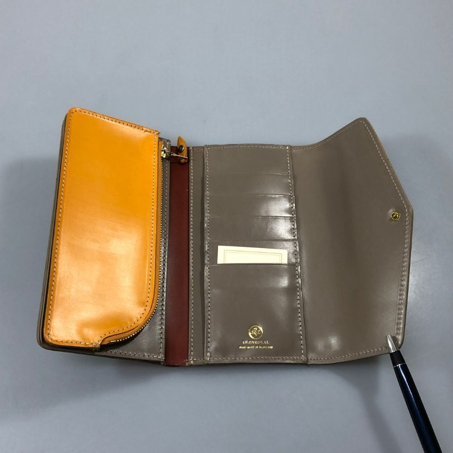 グレンロイヤル 長財布 二つ折り財布 フラップボタン ブライドルレザー グレー系 ゴールド金具 GLENROYAL【AFB54】