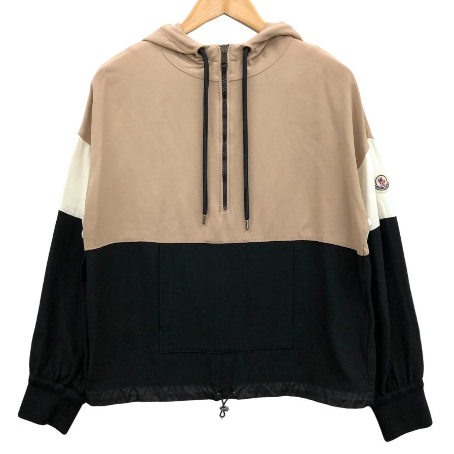 美品◆モンクレール 21AW プルオーバーパーカー CAMICIA アセテート×レーヨン レディース サイズ40 ブラック×ベージュ G20932F00003 MONCLER 【AFB50】