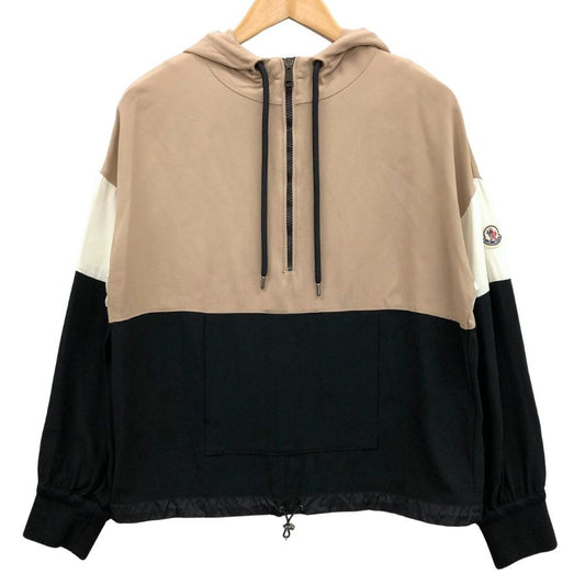 美品◆モンクレール 21AW プルオーバーパーカー CAMICIA アセテート×レーヨン レディース サイズ40 ブラック×ベージュ G20932F00003 MONCLER 【AFB50】