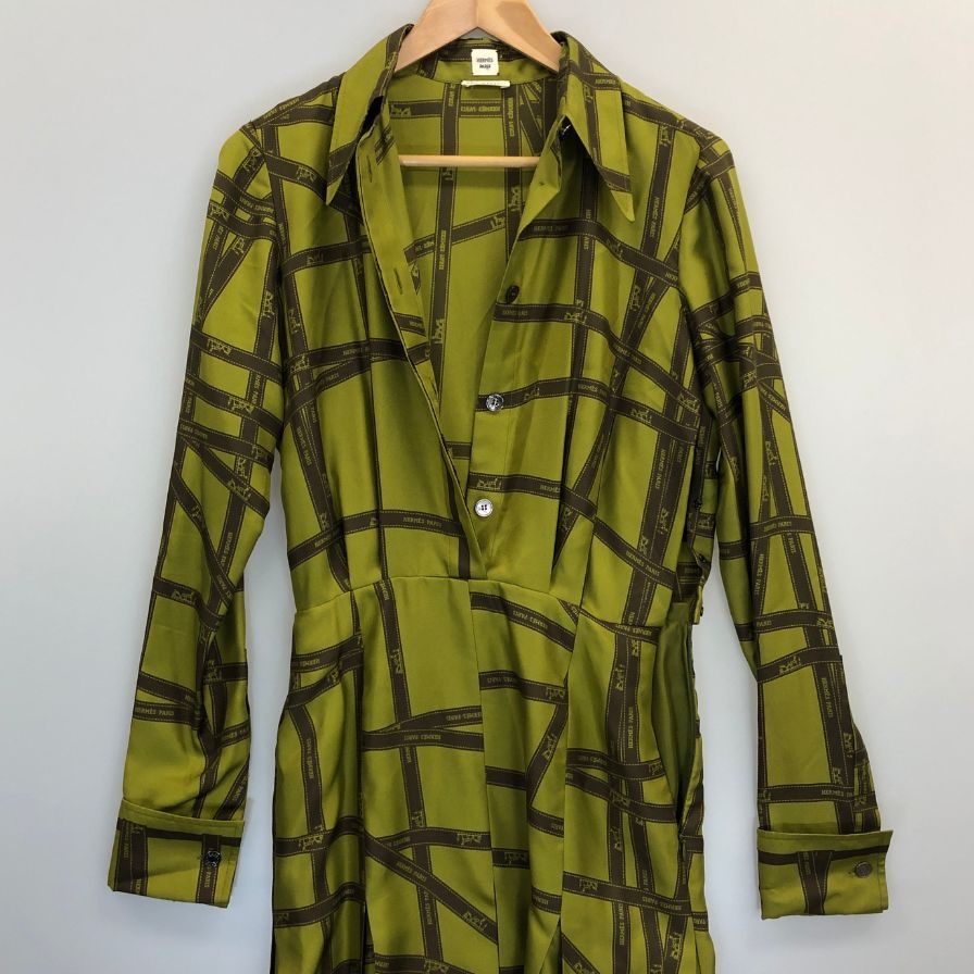 美品◆エルメス マルジェラ期 ワンピース ヴィンテージ 総柄 ボルデュック カーキ レディース サイズ34 HERMES 【AFB2】