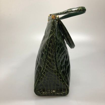 ブランド不明 クロコダイル想定 ハンドバッグ シャイニー ゴールド金具 レディース グリーン【AFE1】