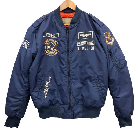 美品◆ノーブランド MA-1 中綿 フライト ジャケット ボンバー キルティング 刺繍 ロゴ ネイビー メンズ サイズL FASHION SPORTS FREEDOM ROAM 【AFA11】