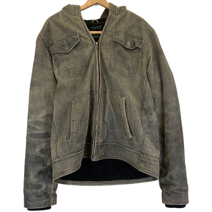 中古◆ハーレー レザー ジップパーカー 裏ボア グレー系 メンズ サイズ表記不明 Hurley 【AFF21】